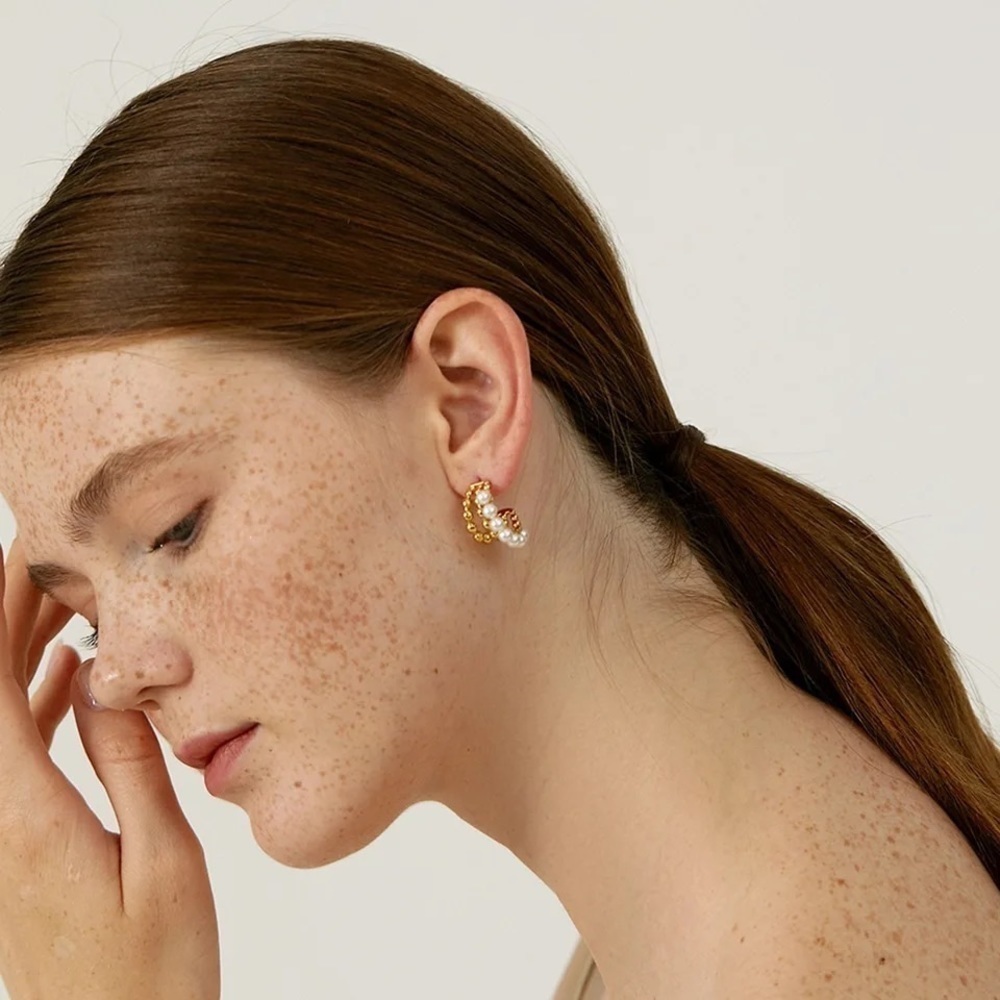 18k Gold Plated Bead Pearl Hoop Earrings